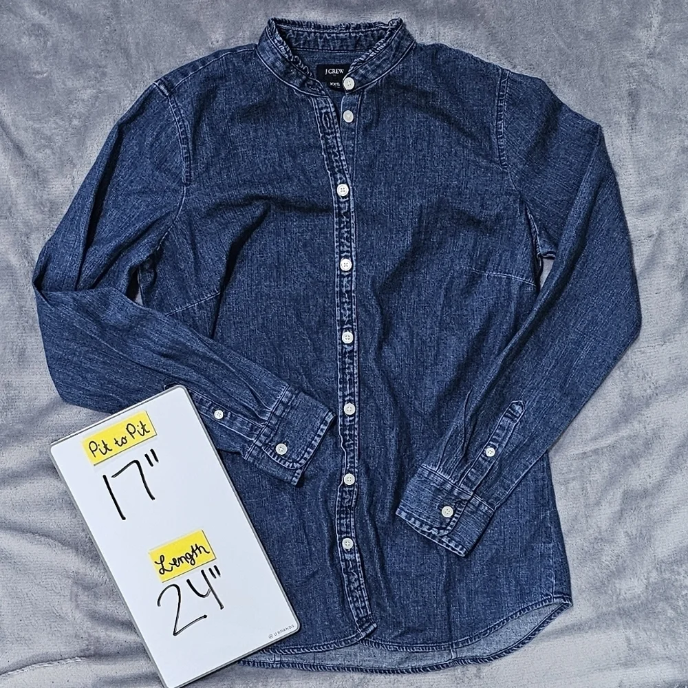 J. CREW | 100% COTTON DENIM RUFFLE NECK BUTTON DOWN BOYFRIEND SHIRT